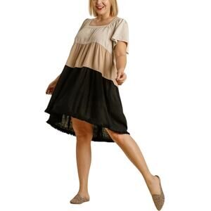 UMGEE Oatmeal Tan Black Square Neck Colorblock Tiered Dress 1XL Linen Blend Boho
